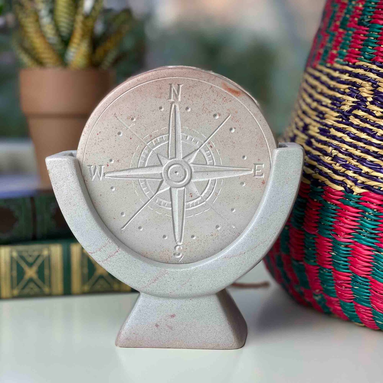 Natural Soapstone Compass Sculpture Handcrafted Desk Decor Piece Unique Gift for Him or Friend